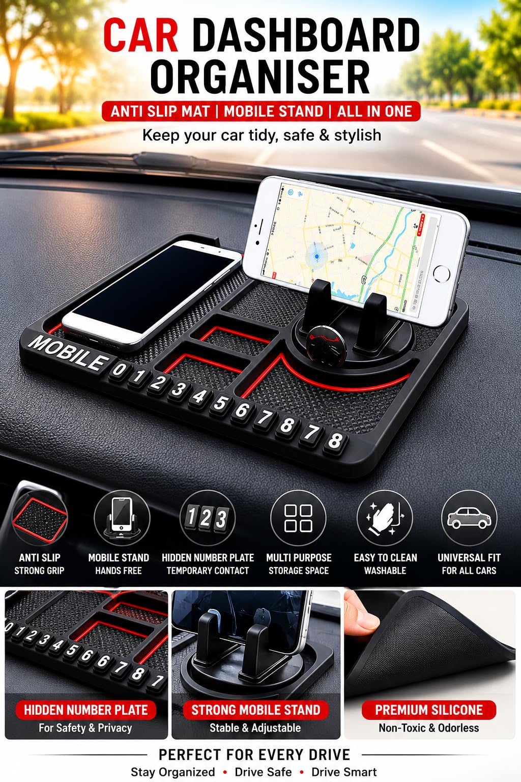Anti-Slip Car Dashboard Mat with Mobile stand Holder